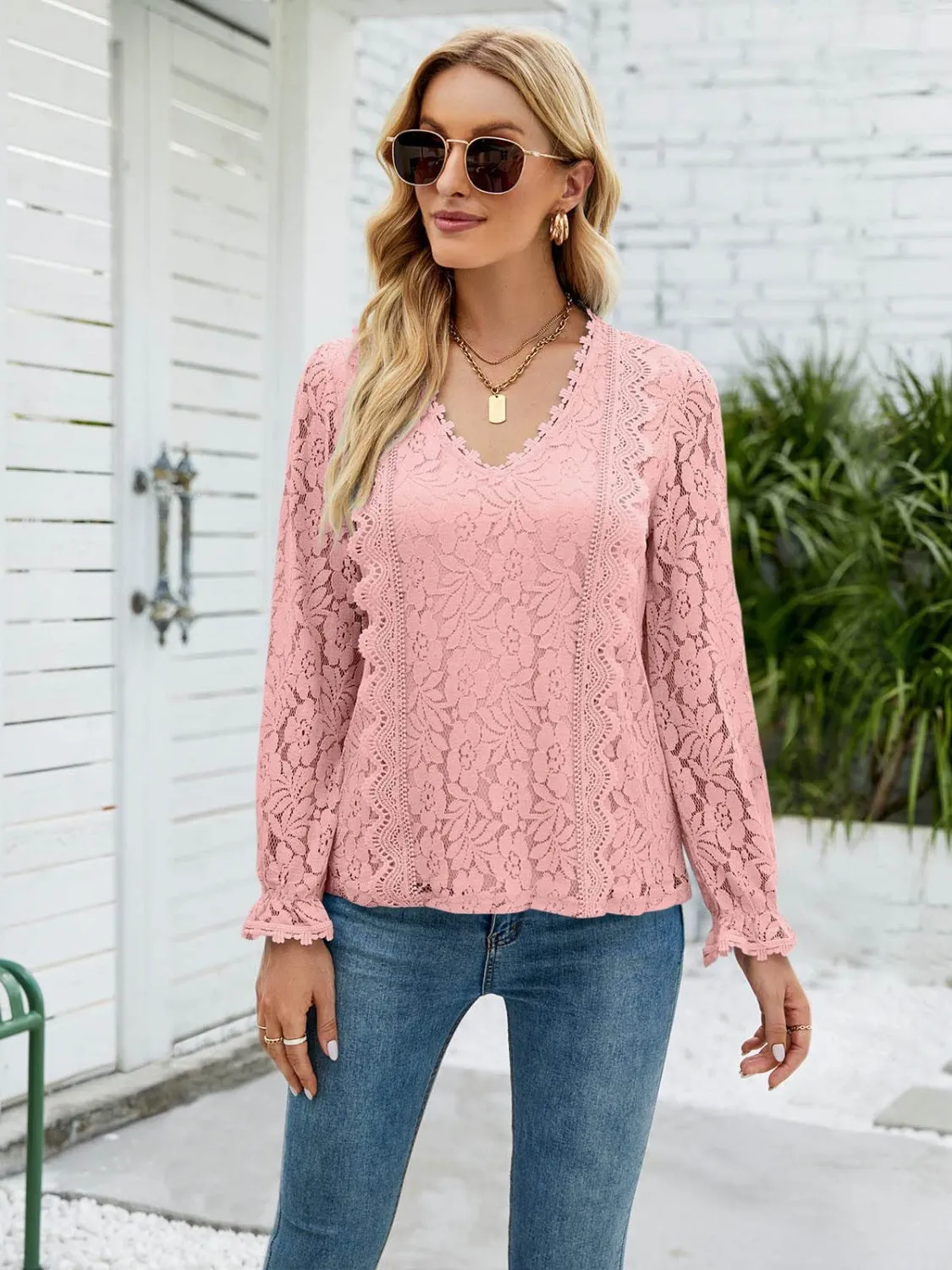 Lace V-Neck Flounce Sleeve Blouse