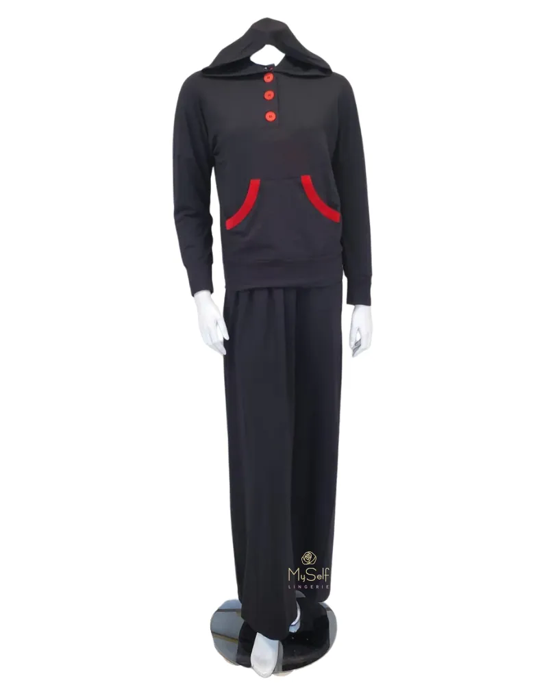 LN580A Black Gucci Inspired Button Down Nightgown & Hoodie