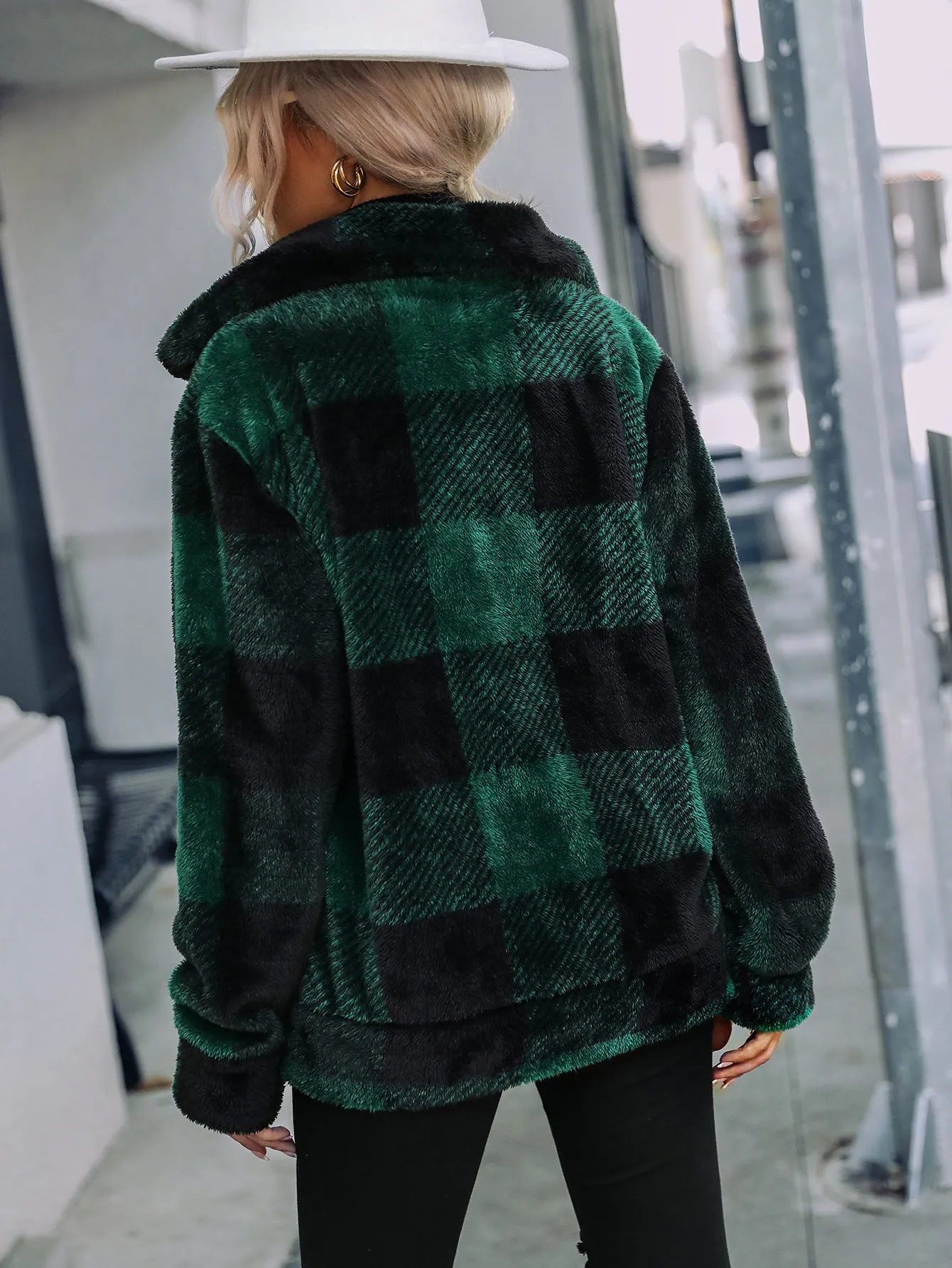 Long Sleeve Plaid Plush Zipper Fleece Jacket