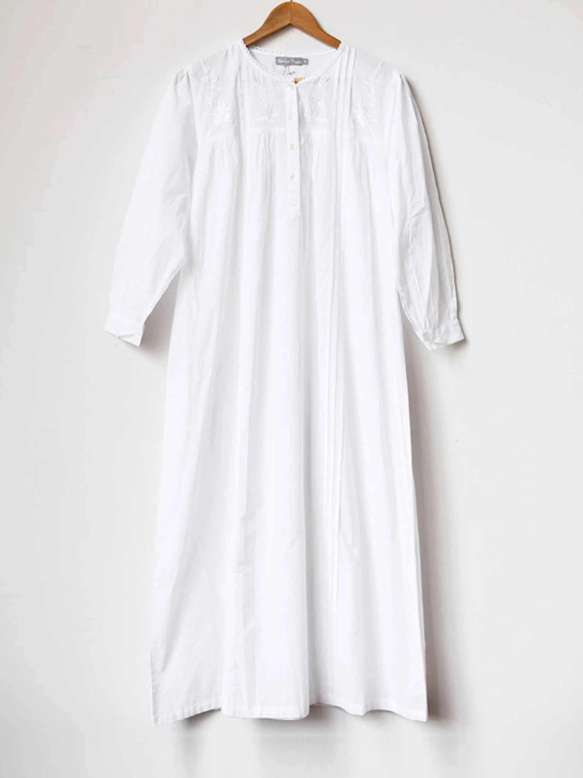 Long-sleeve white cotton nightgown