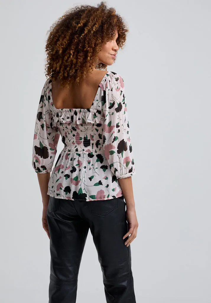 Matilda Peplum Peony Print Blouse In Cream