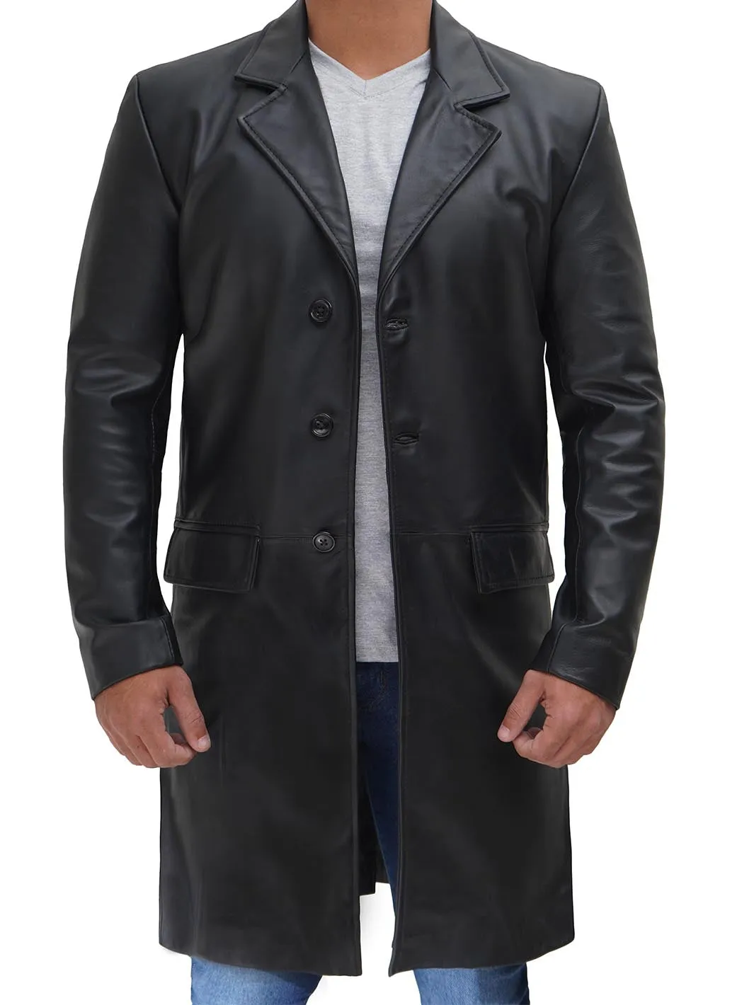 Men's Long Black Real Leather Trench Coat - Classic Walking Coat