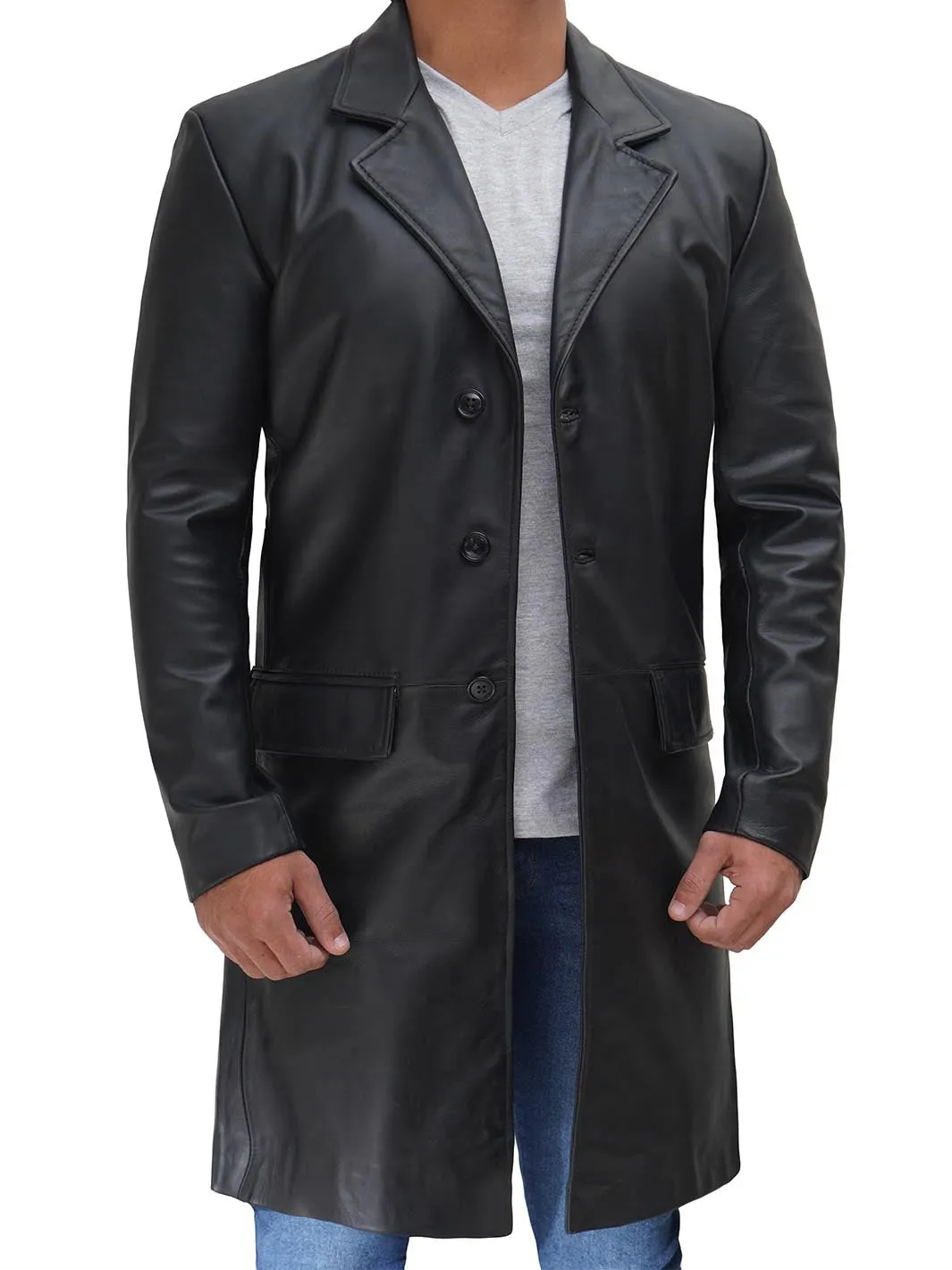 Men's Long Black Real Leather Trench Coat - Classic Walking Coat