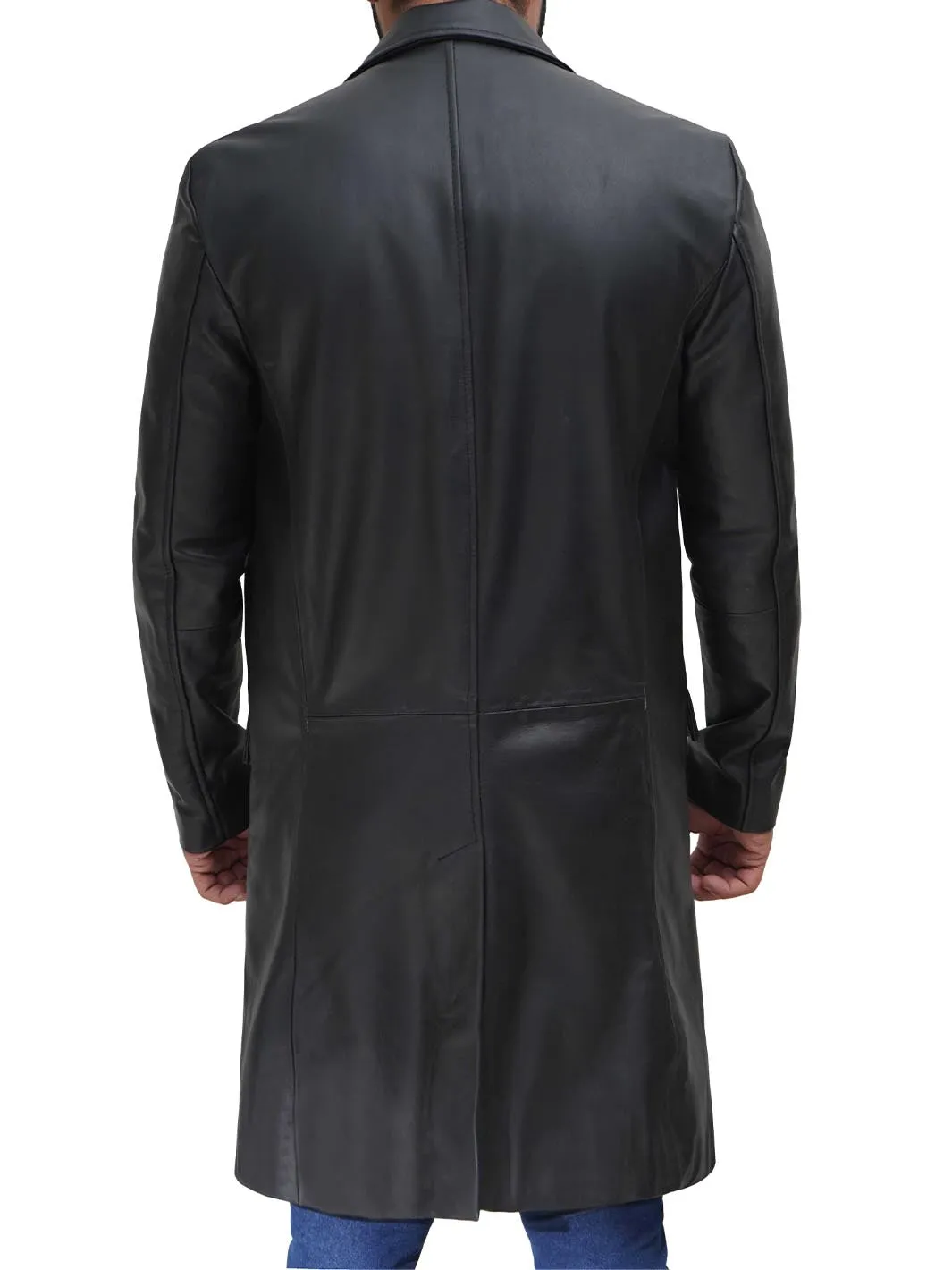 Men's Long Black Real Leather Trench Coat - Classic Walking Coat