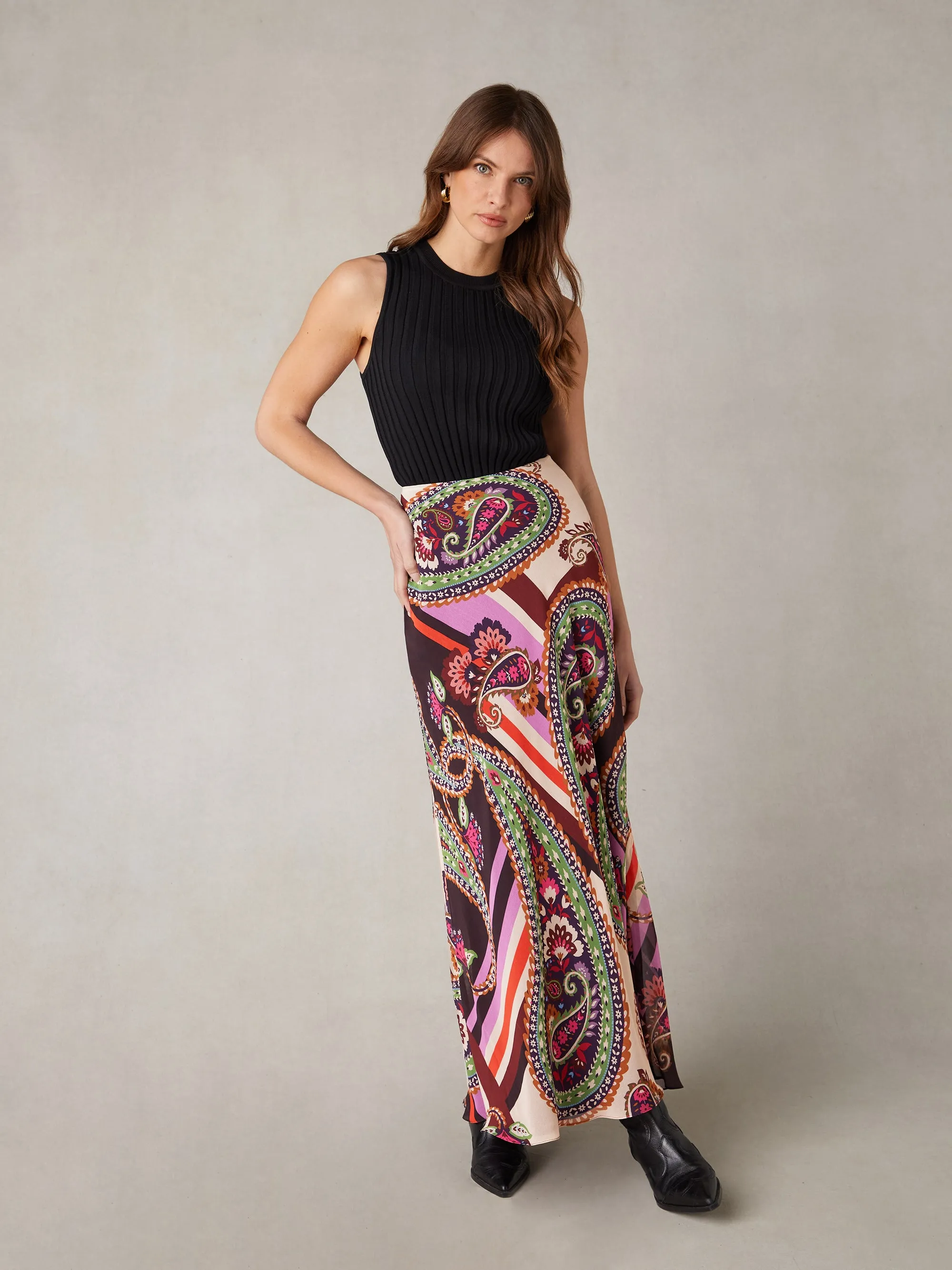 Multi Paisley Print Bias Cut Skirt