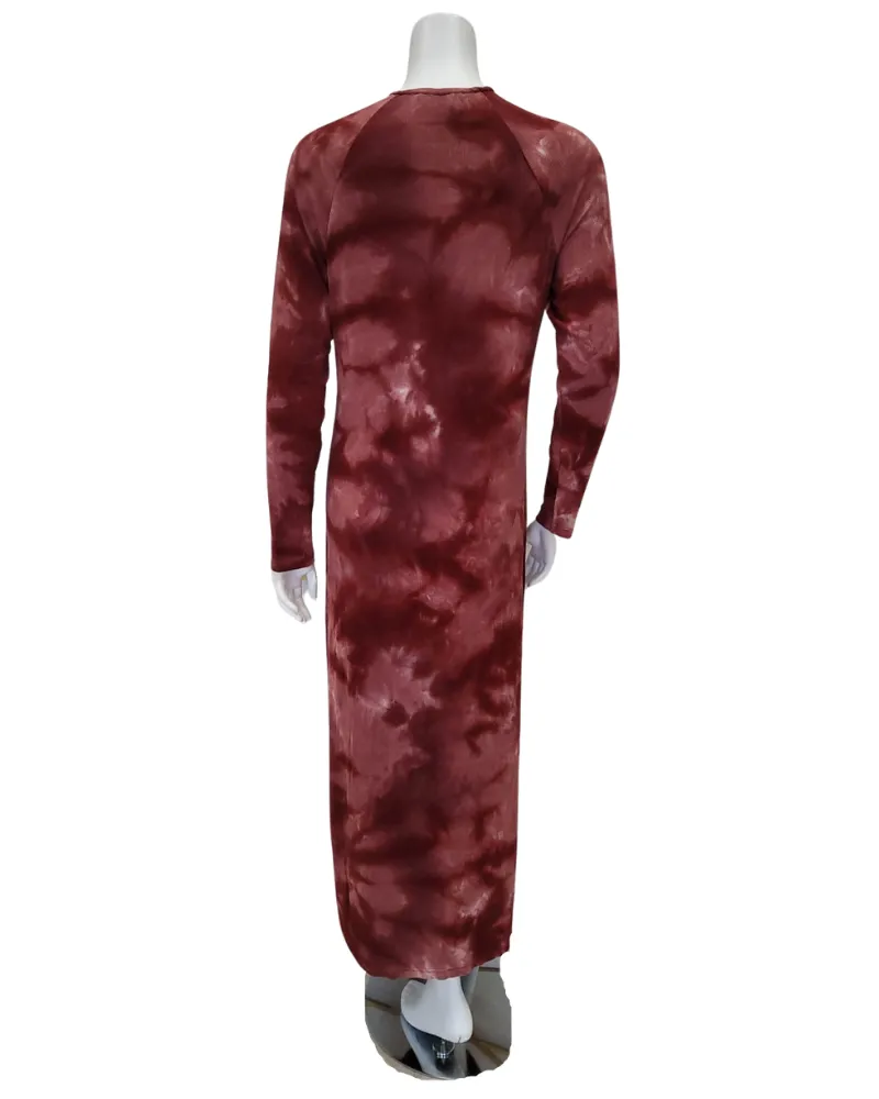 N-243 Burgundy Tie Dye Front Snaps Ribbed Modal Nightgown