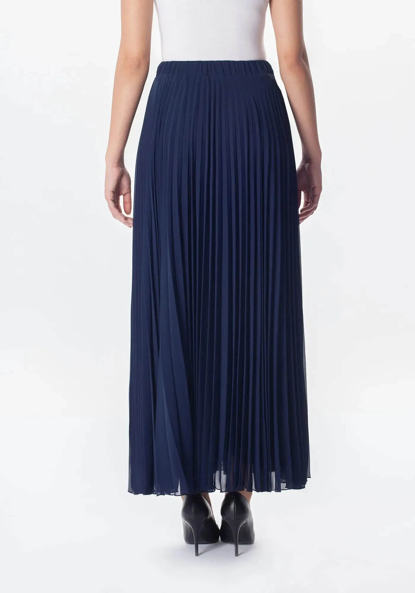 Navy Chiffon Pleated Maxi Skirt with Elastic Waist Band