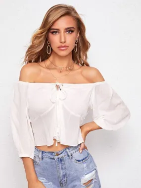 Off Shoulder Tie Front Peplum Top