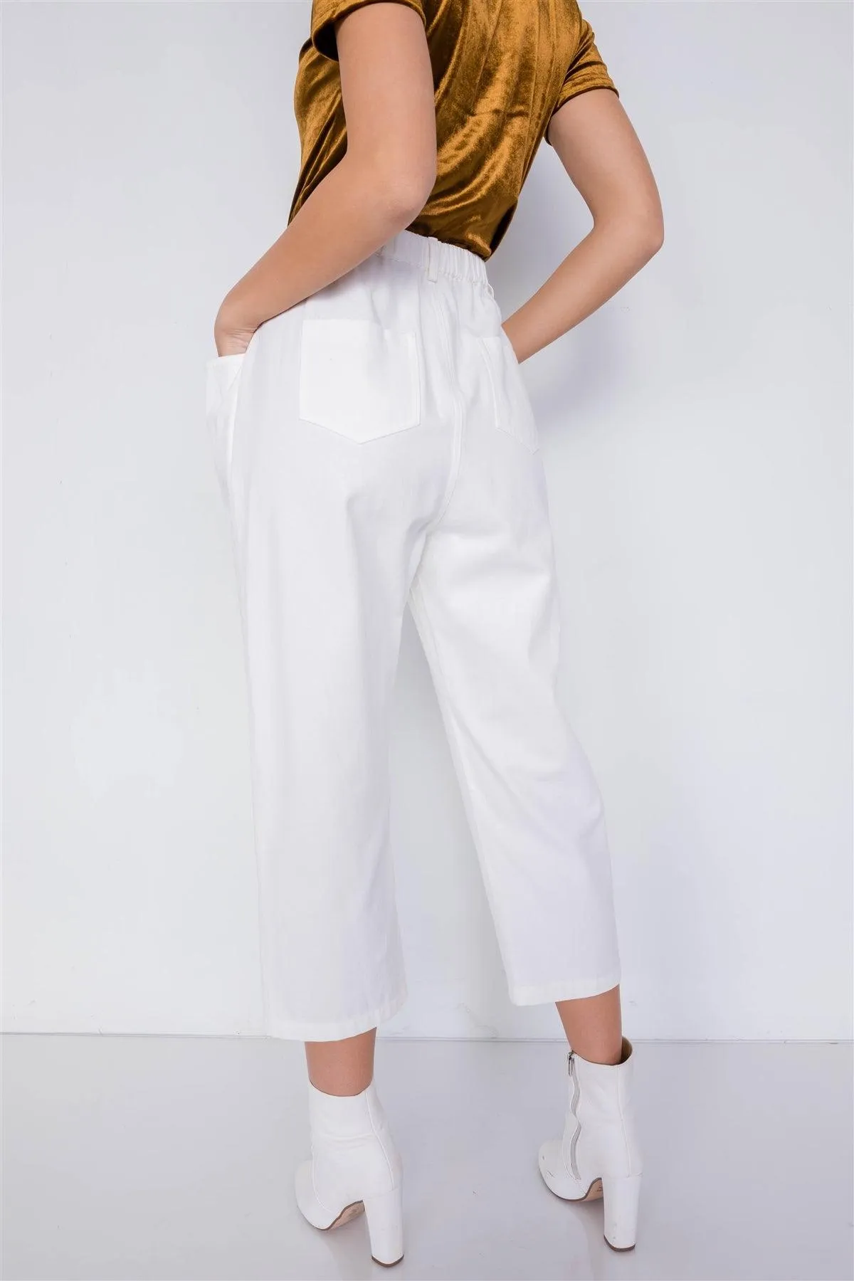 Off-White Chic Solid Ankle Wide Leg Adjustable Snap Waist Pants /4-2-1