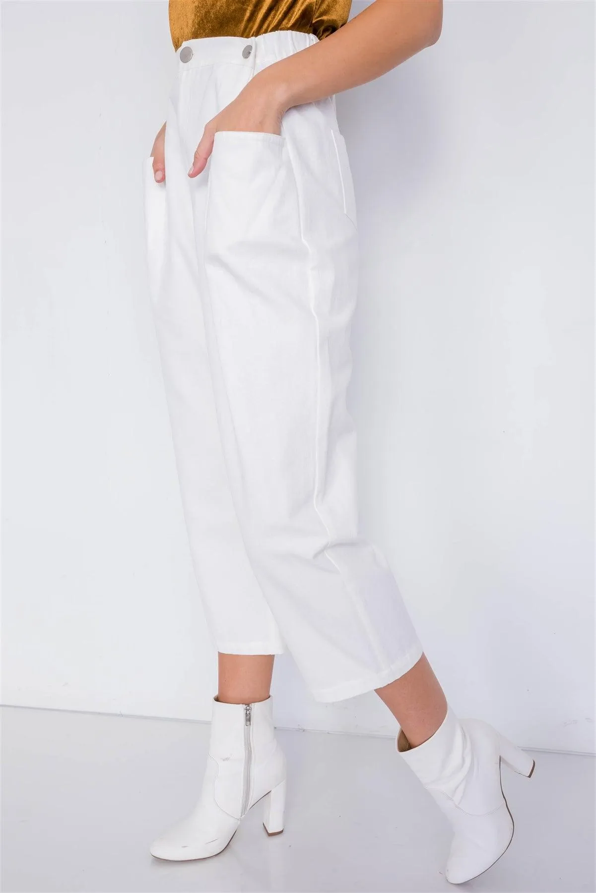 Off-White Chic Solid Ankle Wide Leg Adjustable Snap Waist Pants /4-2-1