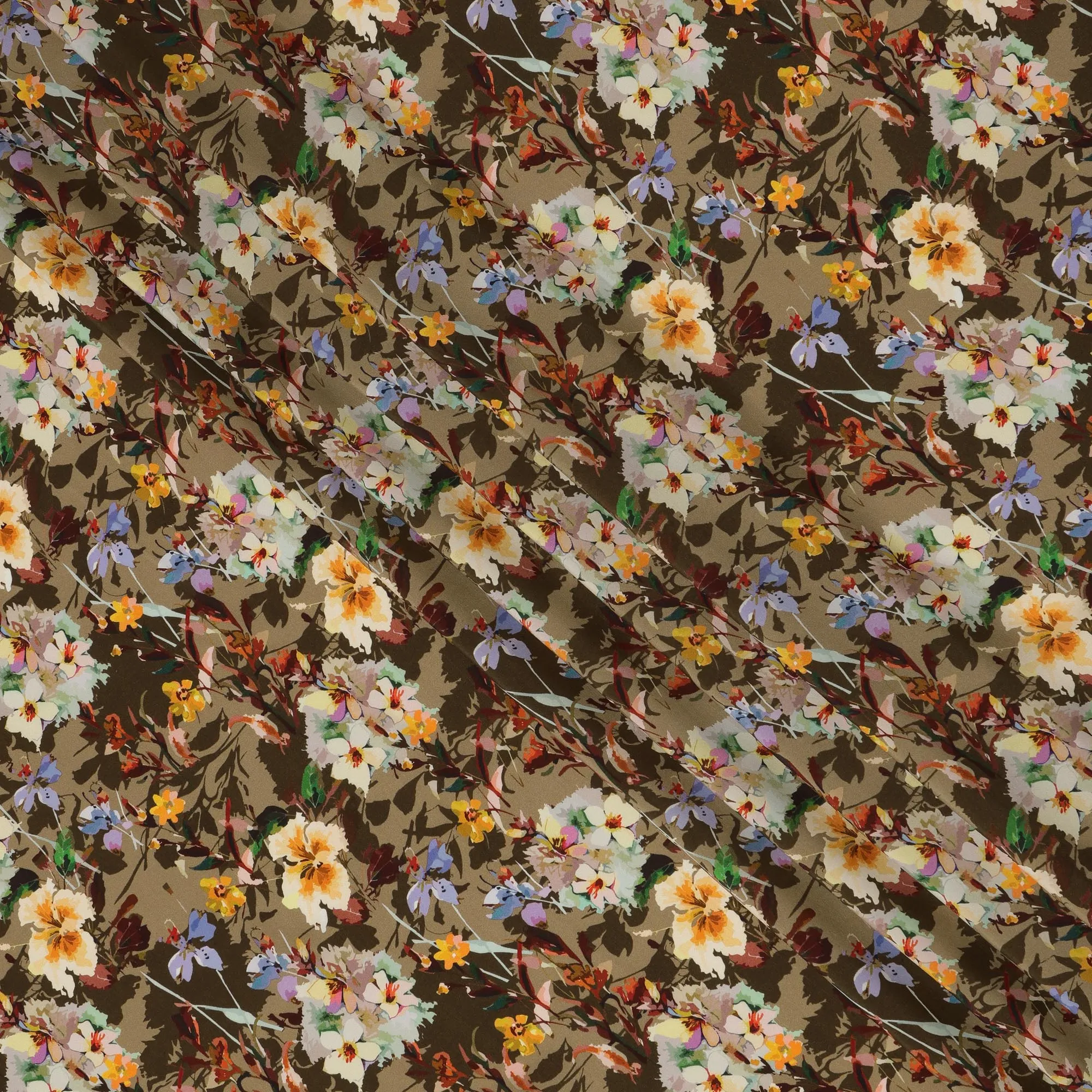 Olive Green Viscose Fabric with Multicolor Floral Digital Print, 110 cm Width-D20625