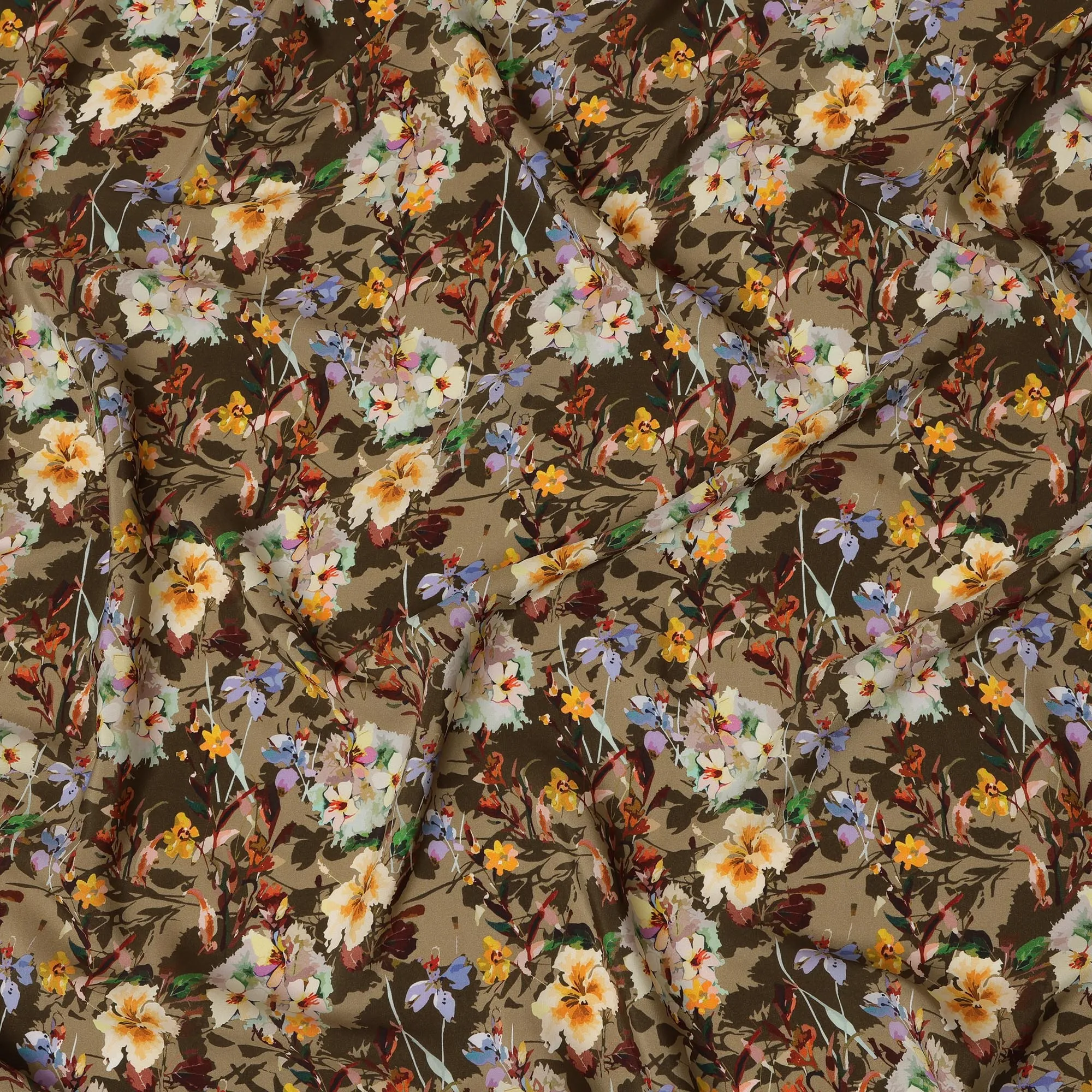 Olive Green Viscose Fabric with Multicolor Floral Digital Print, 110 cm Width-D20625