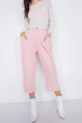 Pastel Dust Rose Chic Solid Ankle Wide Leg Adjustable Snap Waist Pants  /3-2-1