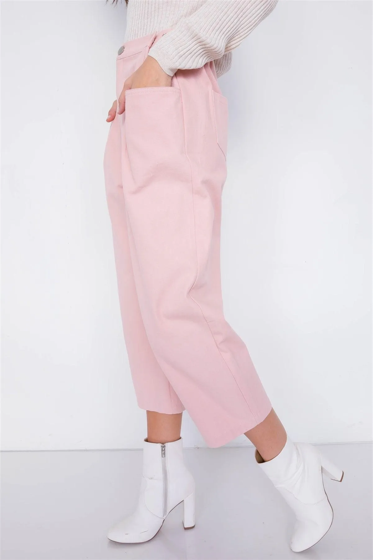 Pastel Dust Rose Chic Solid Ankle Wide Leg Adjustable Snap Waist Pants  /3-2-1