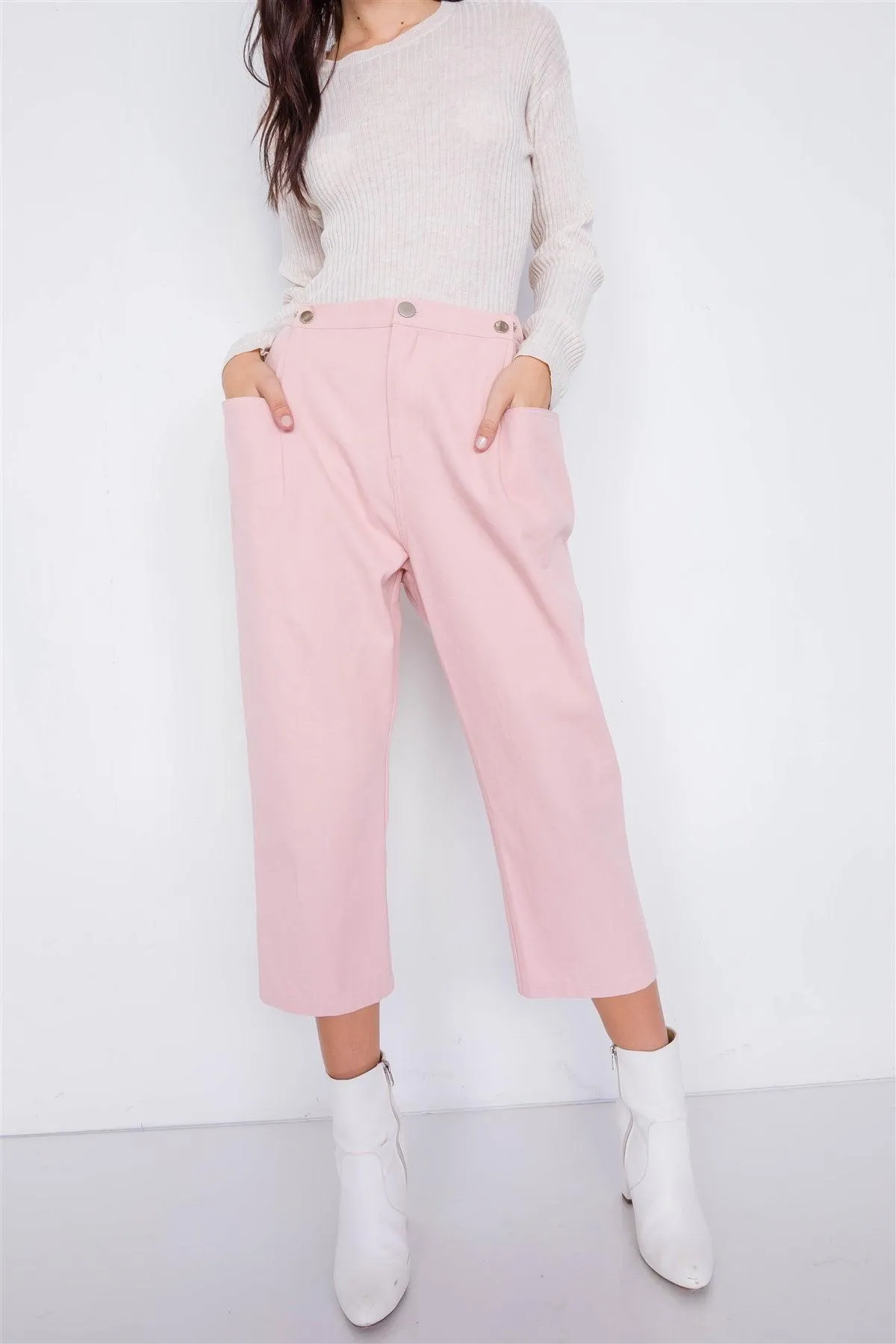 Pastel Dust Rose Chic Solid Ankle Wide Leg Adjustable Snap Waist Pants  /3-2-1