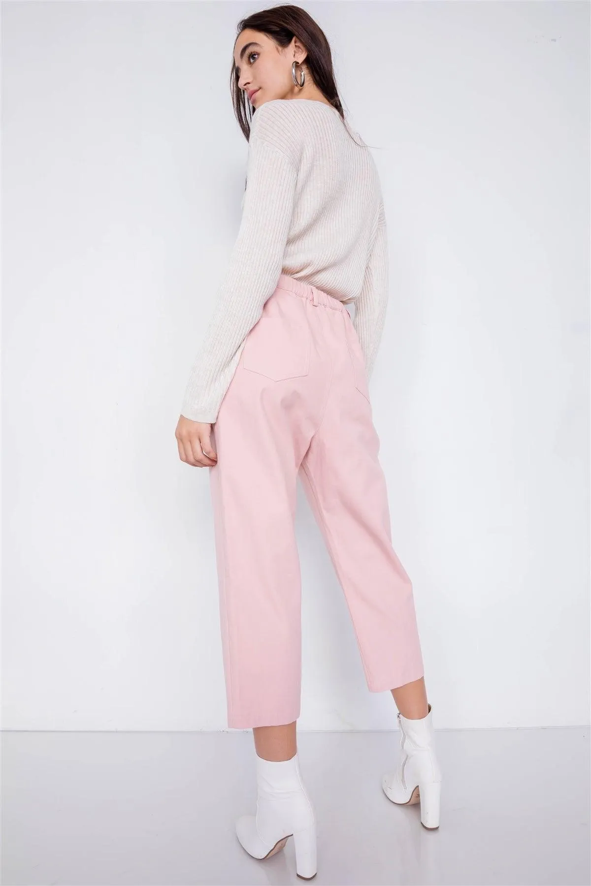 Pastel Dust Rose Chic Solid Ankle Wide Leg Adjustable Snap Waist Pants  /3-2-1