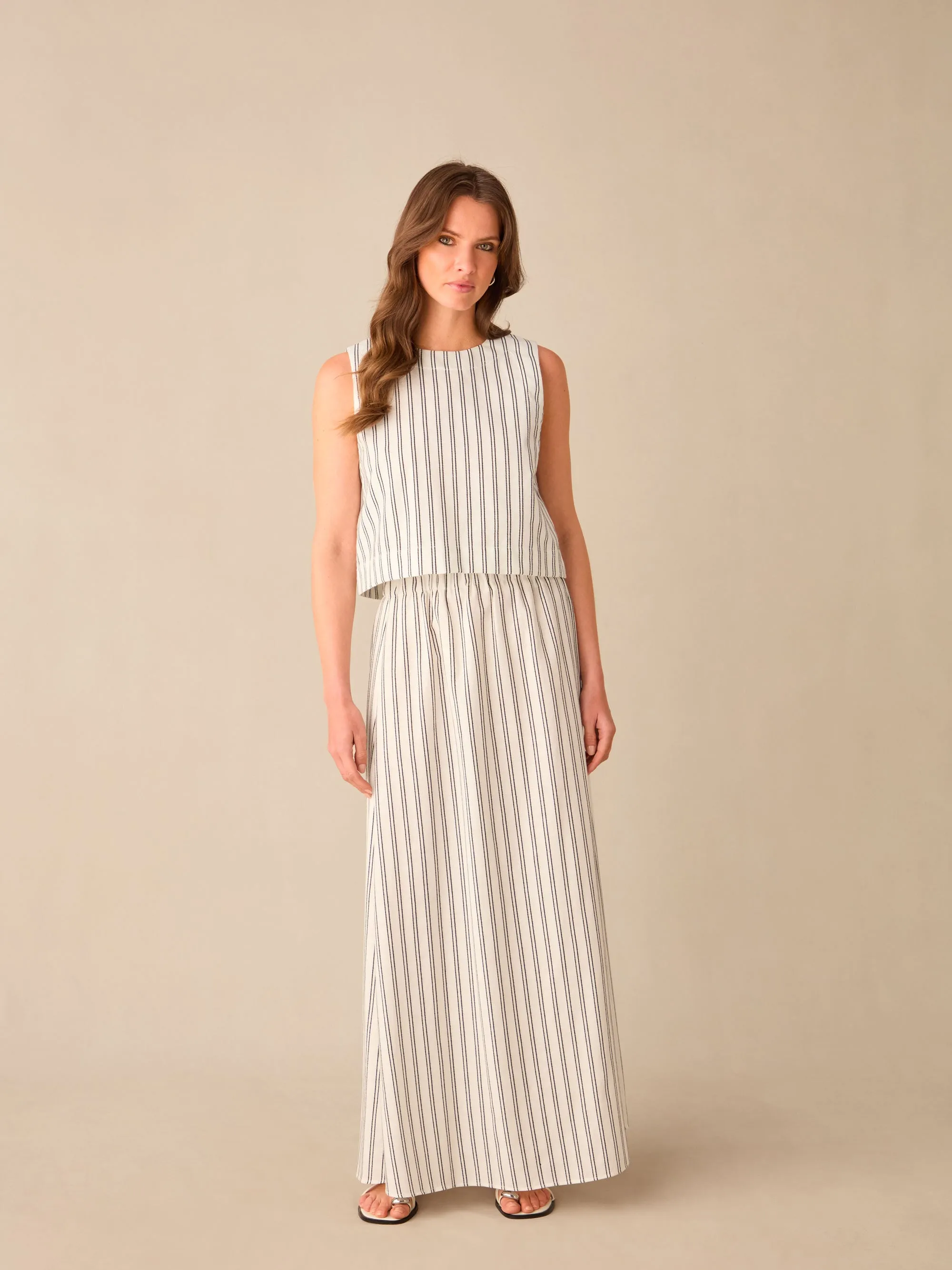 Petite Ivory Stripe Linen-blend Skirt