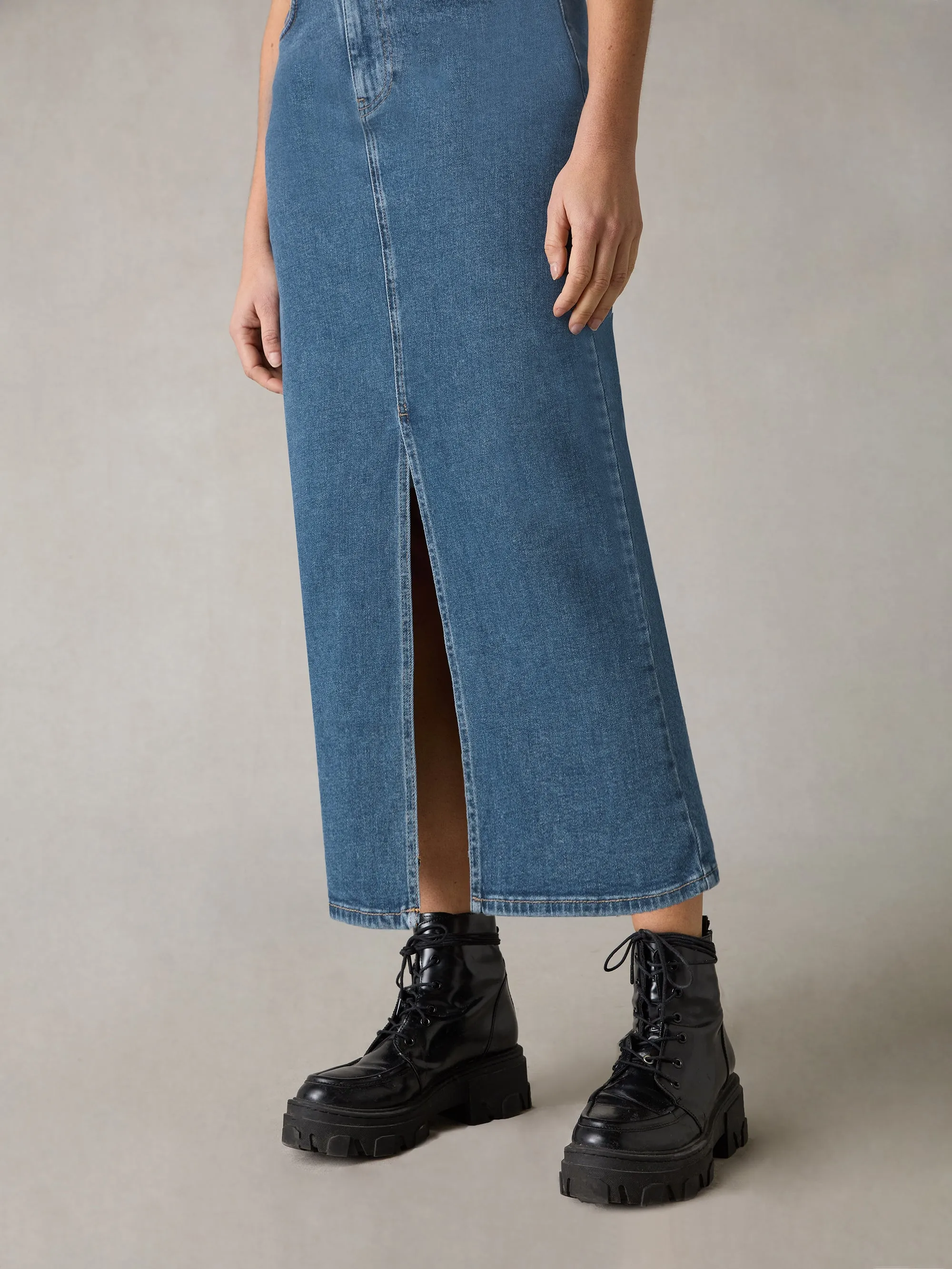 Petite Mid Wash Blue Denim Midaxi Skirt