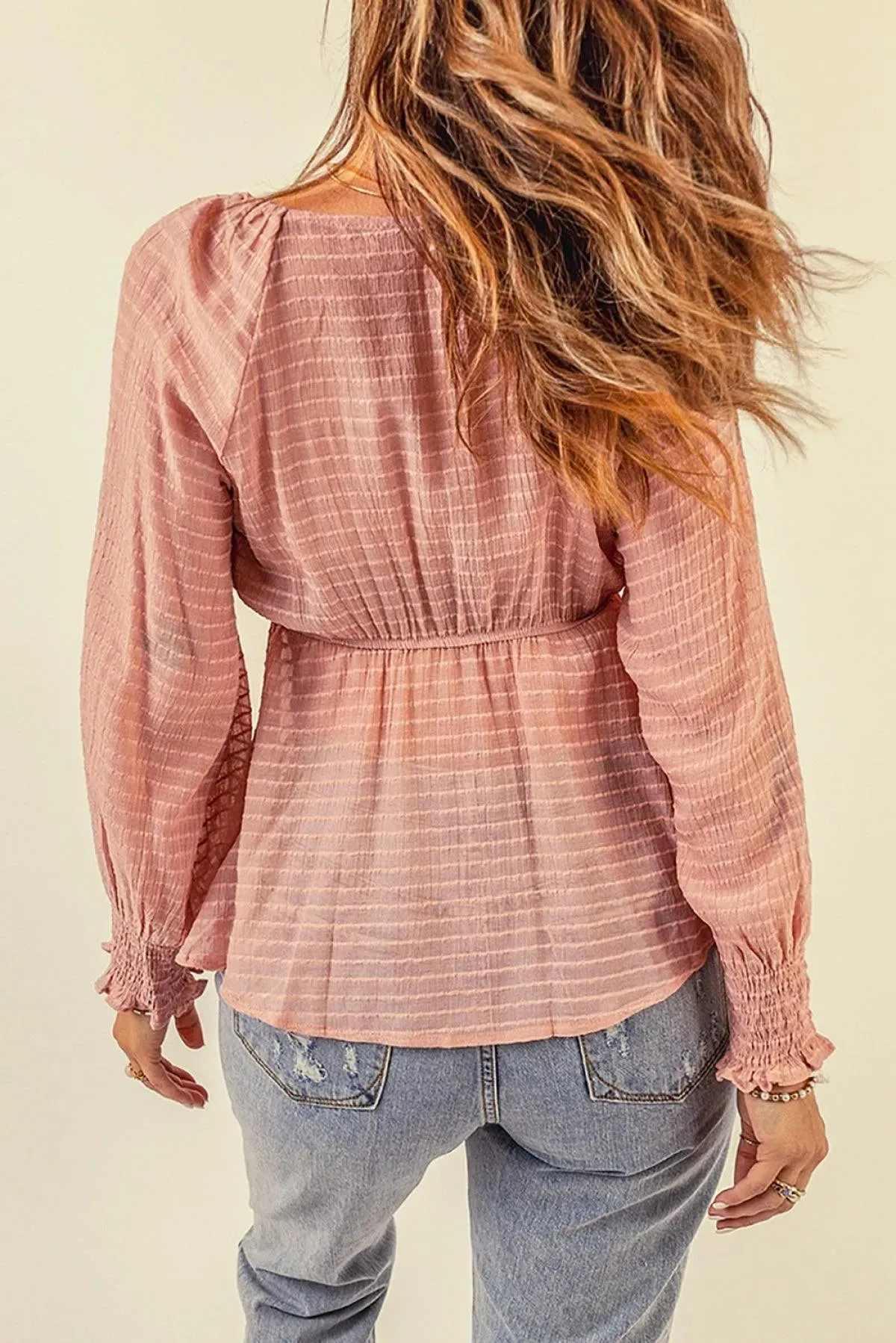 Pink Textured Tie Front Peplum Blouse