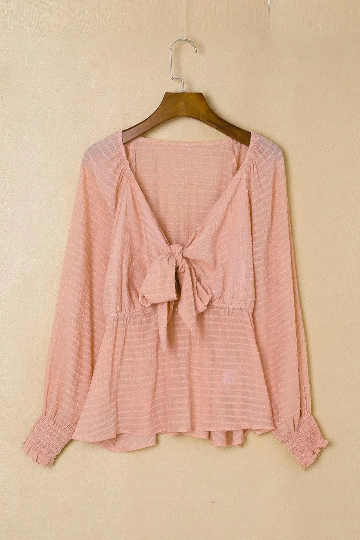 Pink Textured Tie Front Peplum Blouse