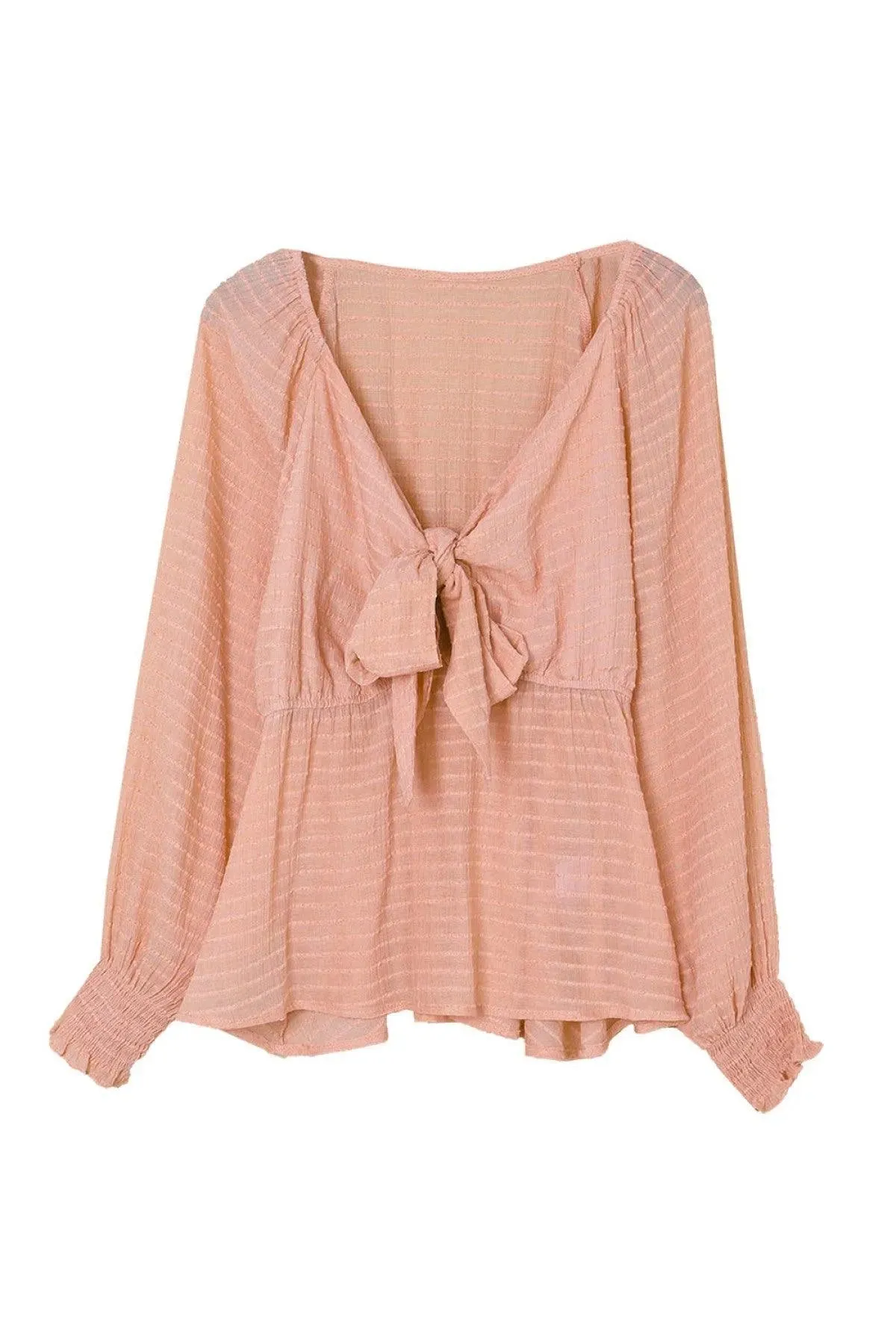 Pink Textured Tie Front Peplum Blouse