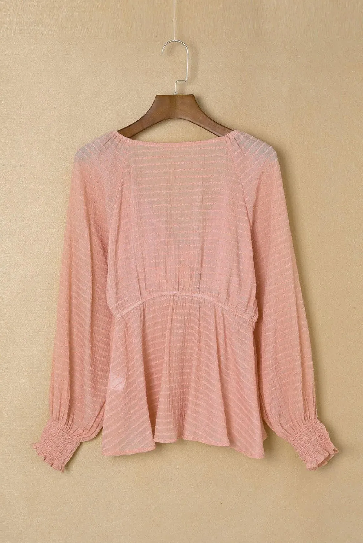 Pink Textured Tie Front Peplum Blouse