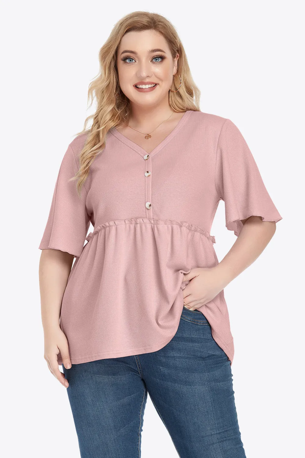 Plus Size Buttoned V-Neck Frill Trim Babydoll Blouse