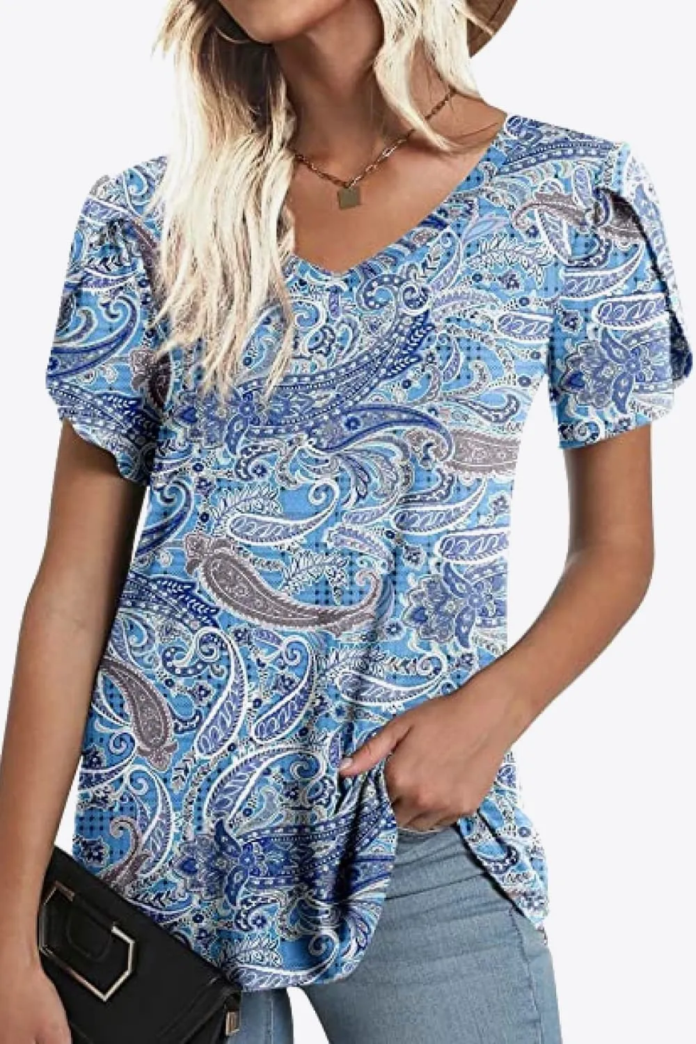 Printed Petal Sleeve V-Neck Blouse