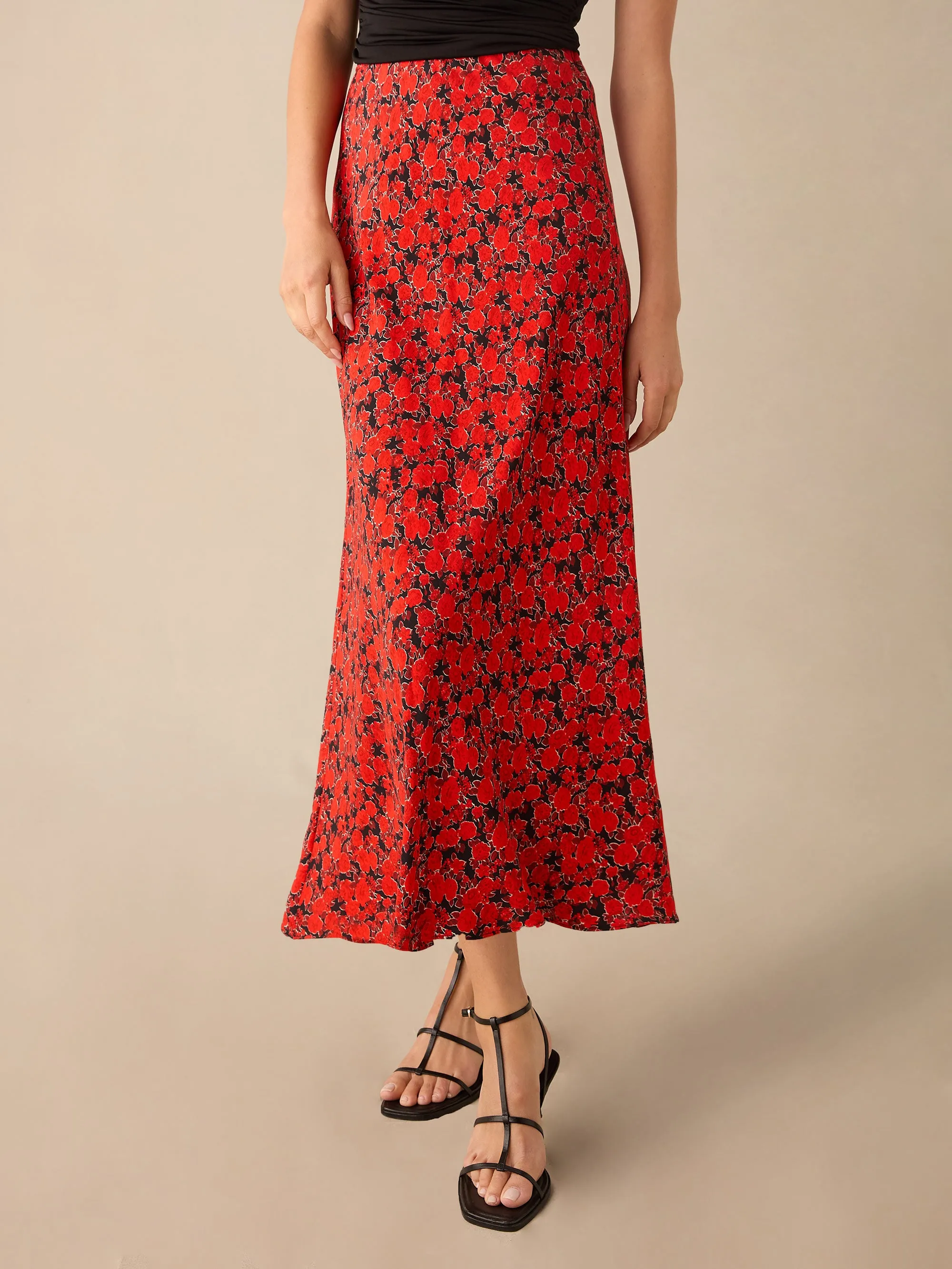 Red Blurred Floral Print Bias Cut Maxi Skirt