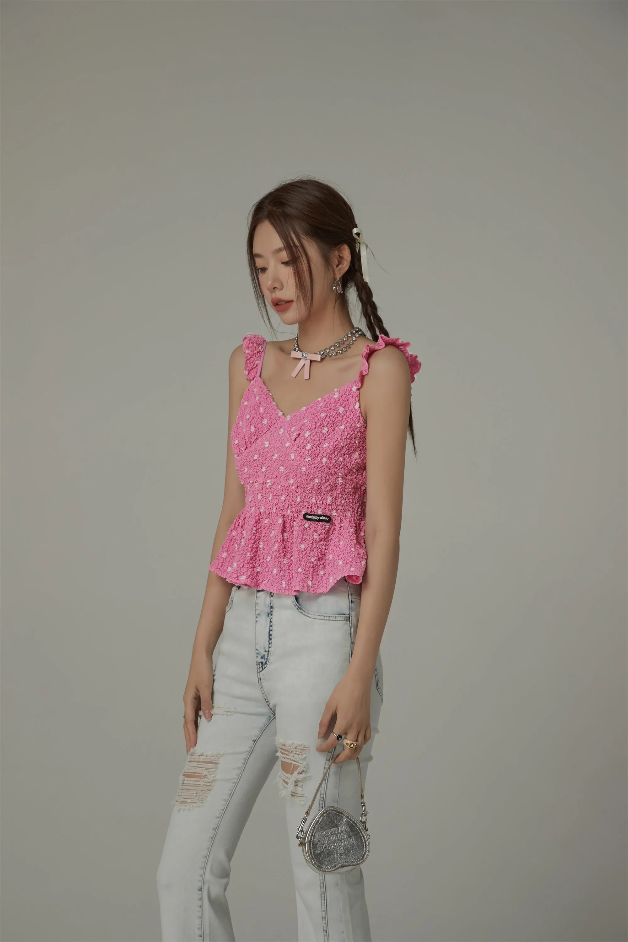 Ruffled Straps Sleeveless Polka Dot Peplum Blouse