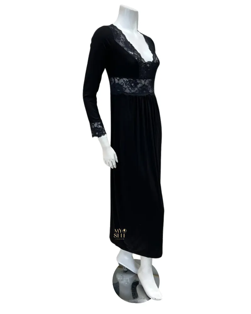 S002 Black Sheer Floral Lace Nightgown