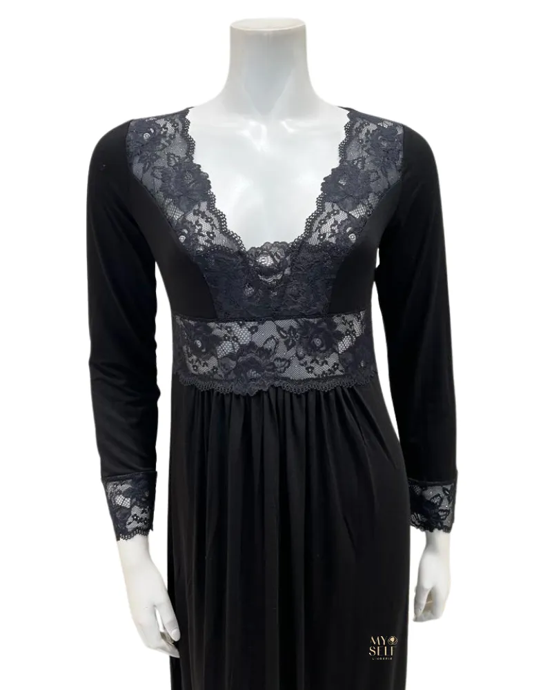 S002 Black Sheer Floral Lace Nightgown