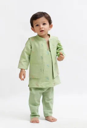 Set Of 3:  Green Dobby Kurta and Green Pant with Green Dobby Nehru Jacket