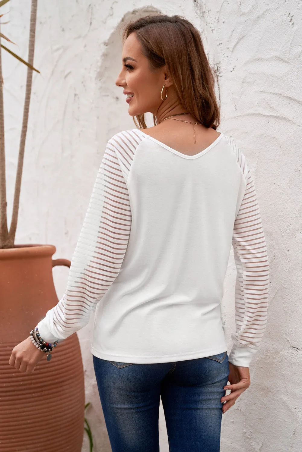 Sheer Striped V-Neck Top