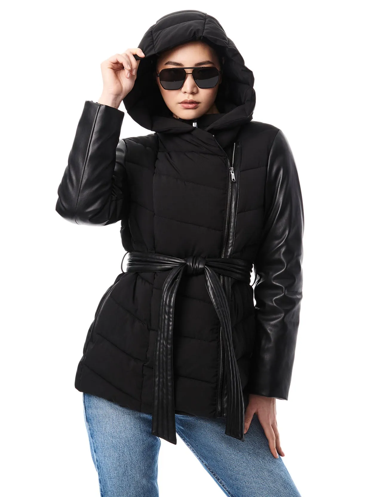 Short Faux Leather Combo Puffer