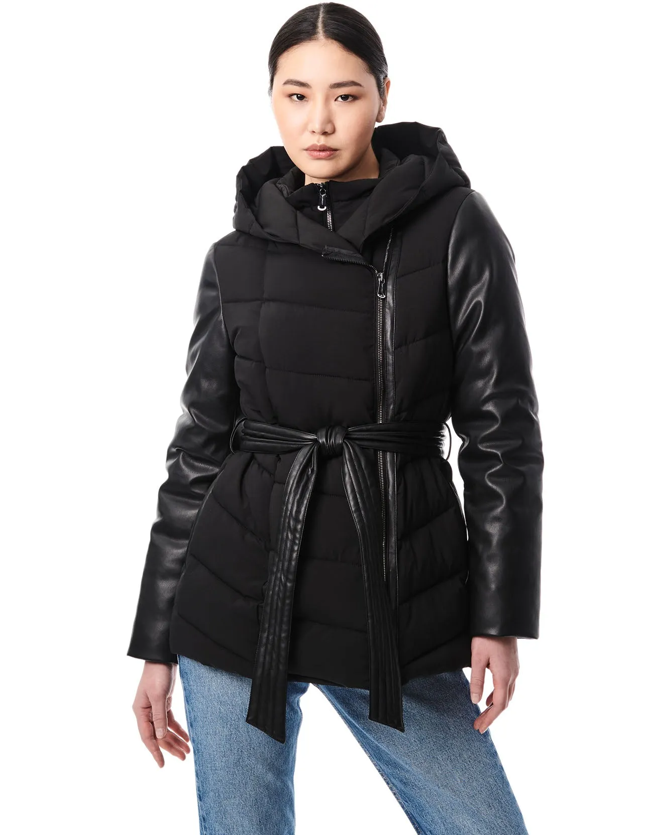 Short Faux Leather Combo Puffer