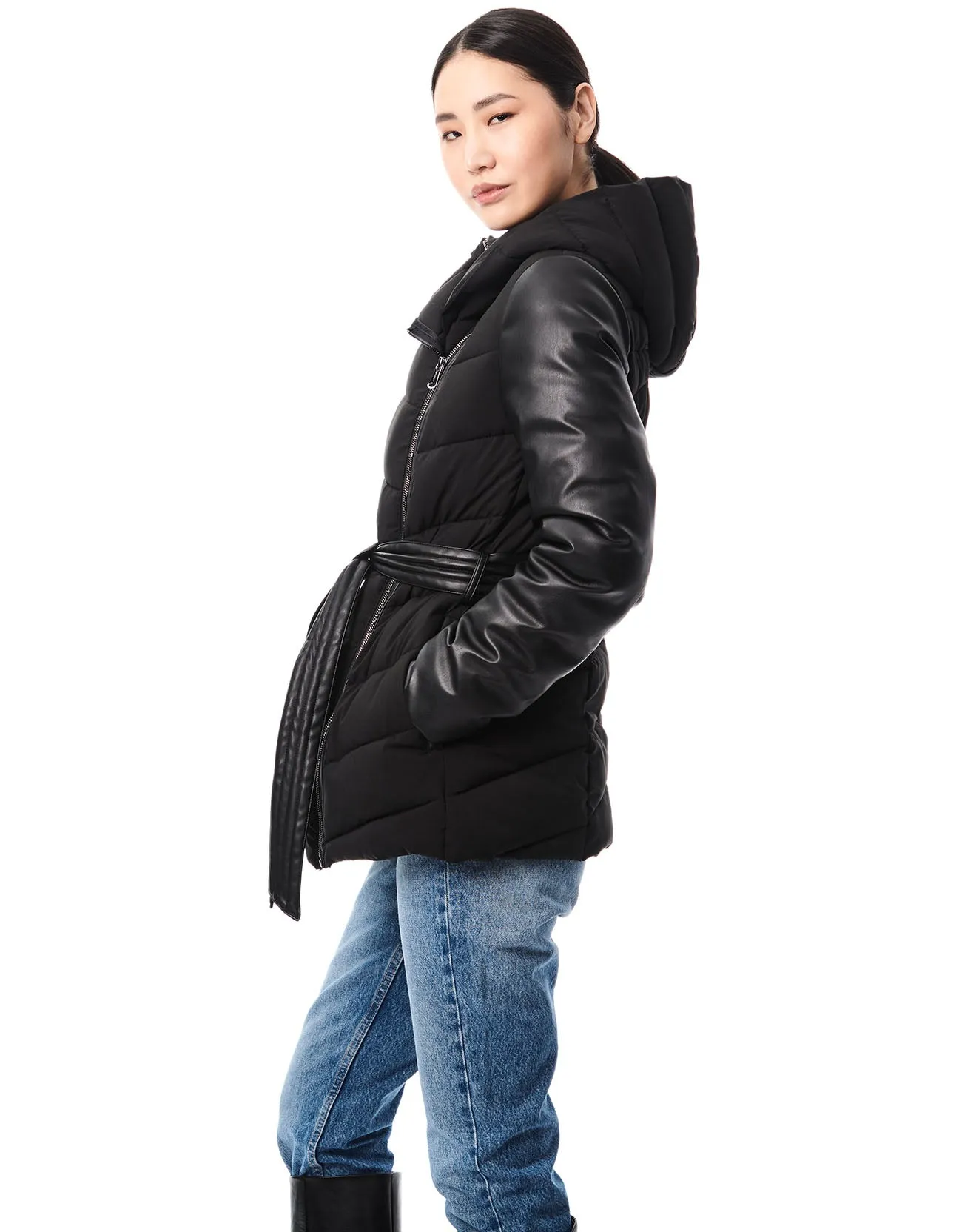 Short Faux Leather Combo Puffer