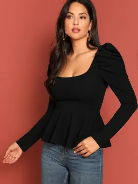 Square Neck Puff Sleeve Peplum Top