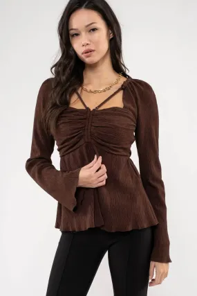 SQUARE NECK SHIRRED LONG SLEEVE TOP