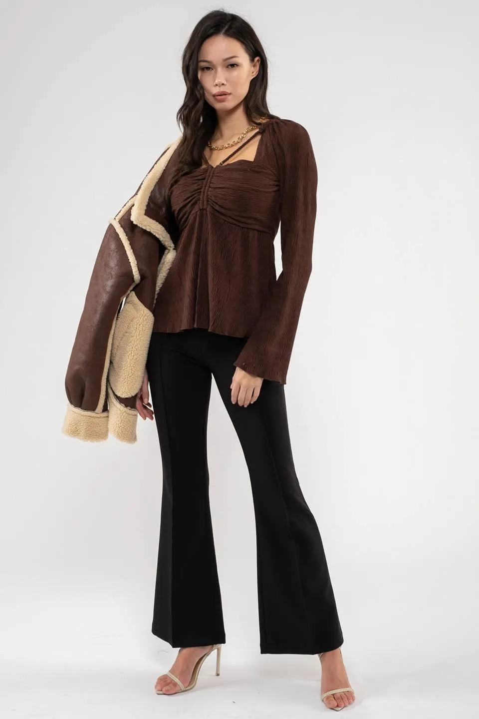 SQUARE NECK SHIRRED LONG SLEEVE TOP