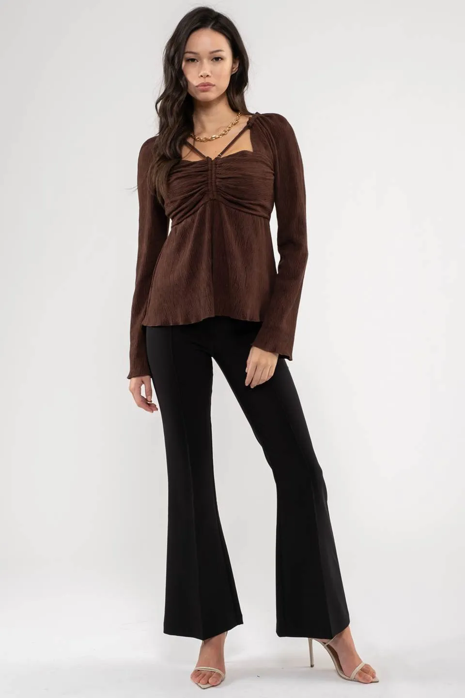 SQUARE NECK SHIRRED LONG SLEEVE TOP