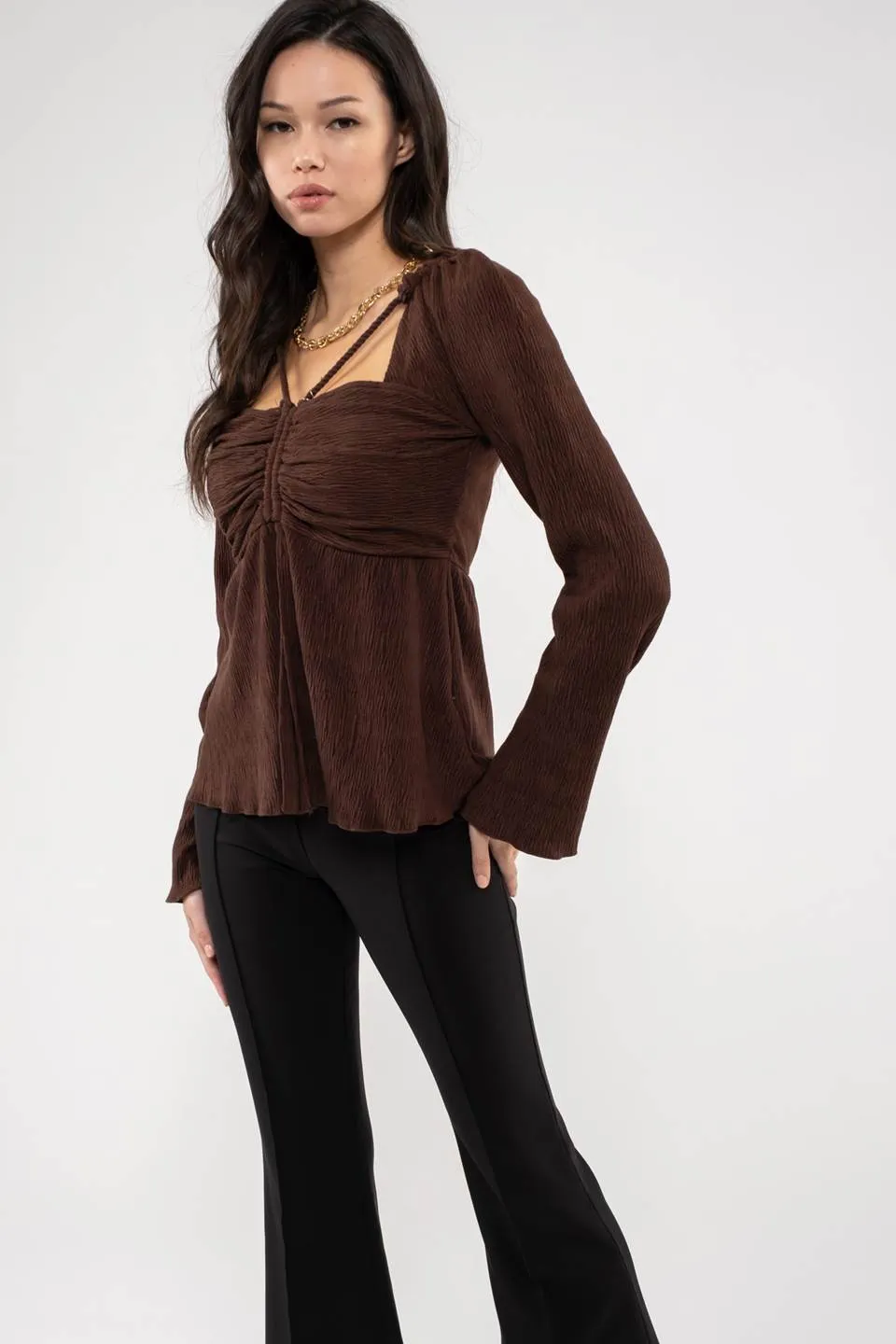 SQUARE NECK SHIRRED LONG SLEEVE TOP