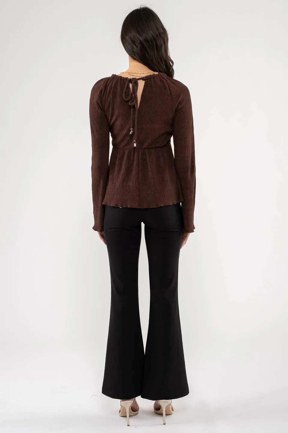 SQUARE NECK SHIRRED LONG SLEEVE TOP