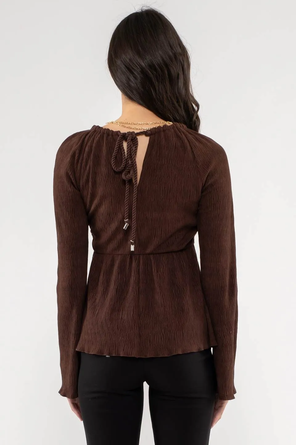 SQUARE NECK SHIRRED LONG SLEEVE TOP