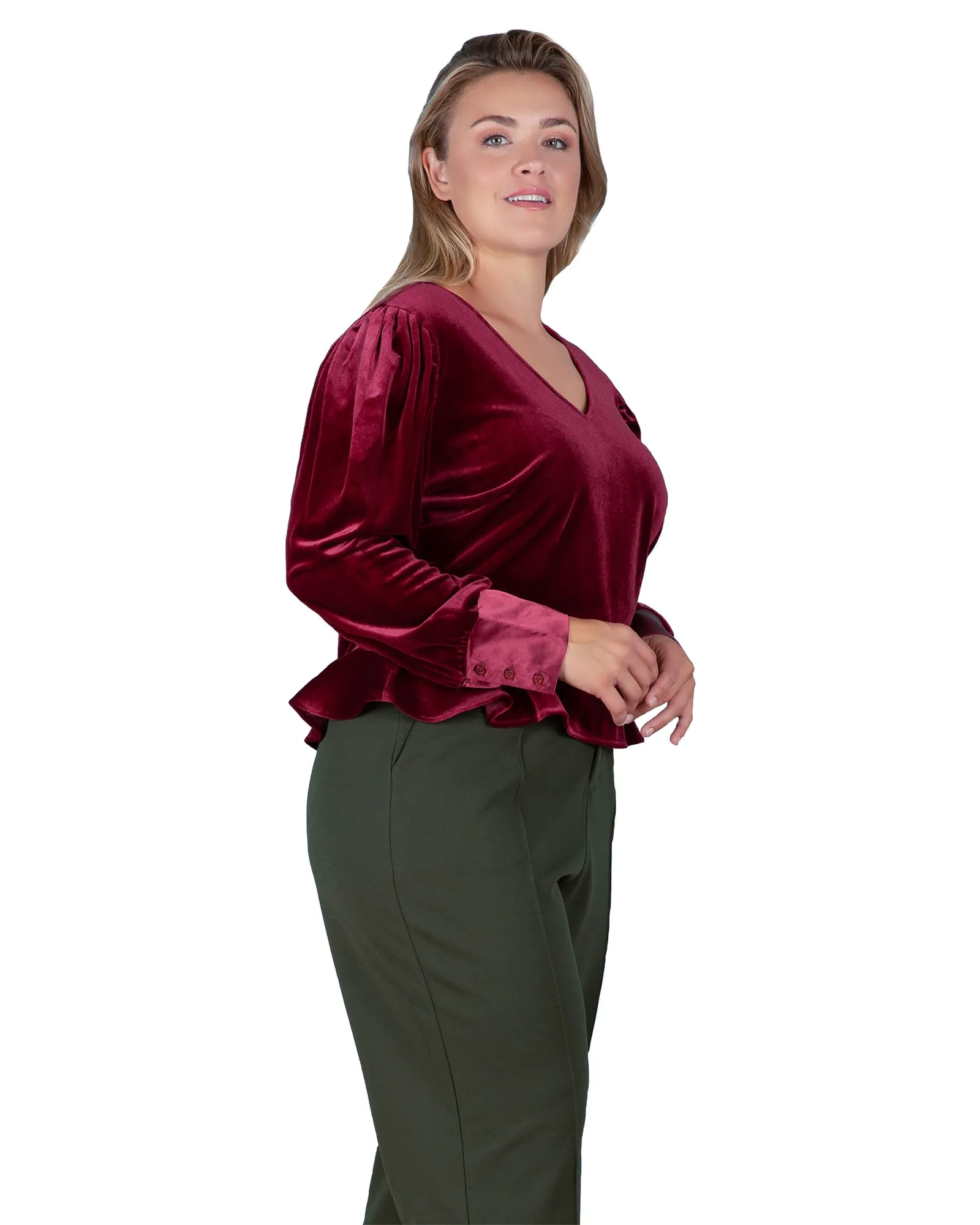 Stretch Velvet Peplum Top | Deepred