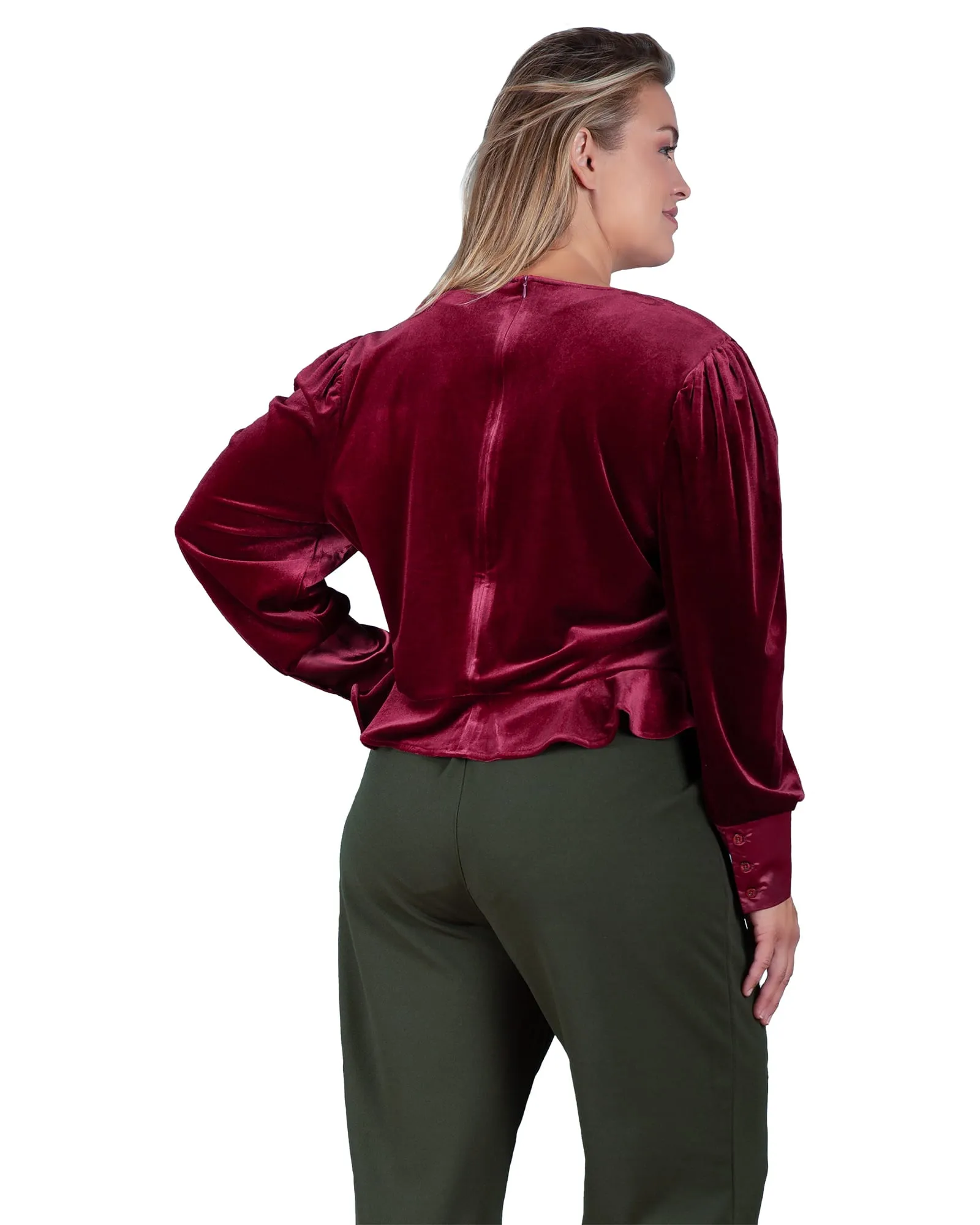 Stretch Velvet Peplum Top | Deepred