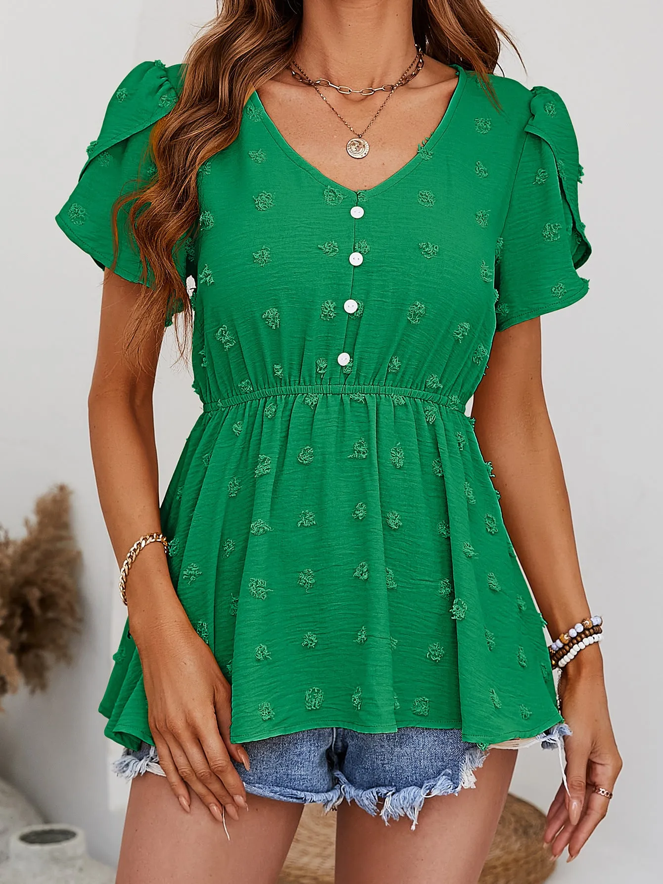 Swiss Dot Buttoned Petal Sleeve Peplum Blouse