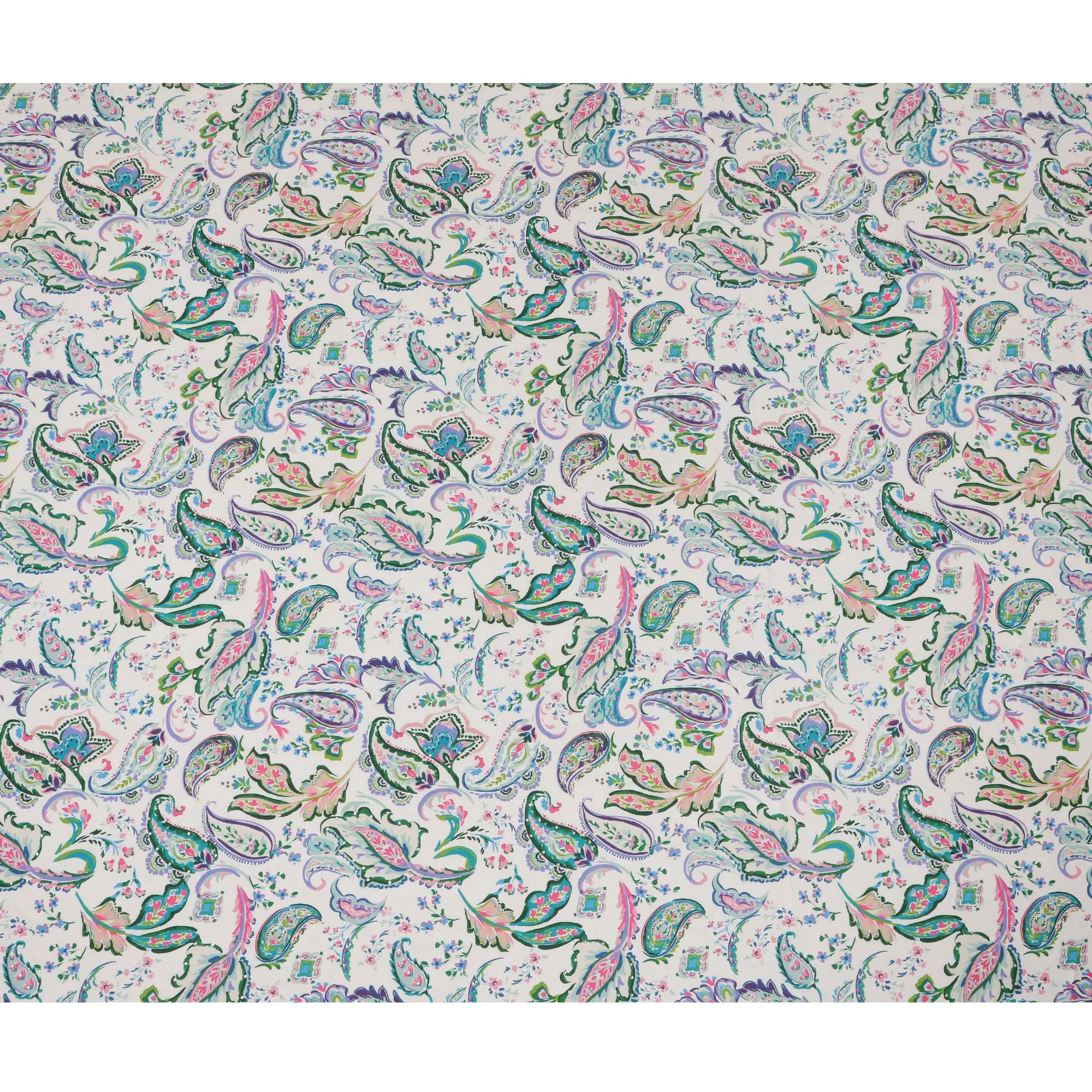 Synthetic Modal Satin Fabric with Stone Work - Vibrant Paisley Design in Green and Pink on White, 110 cm Width-D20654