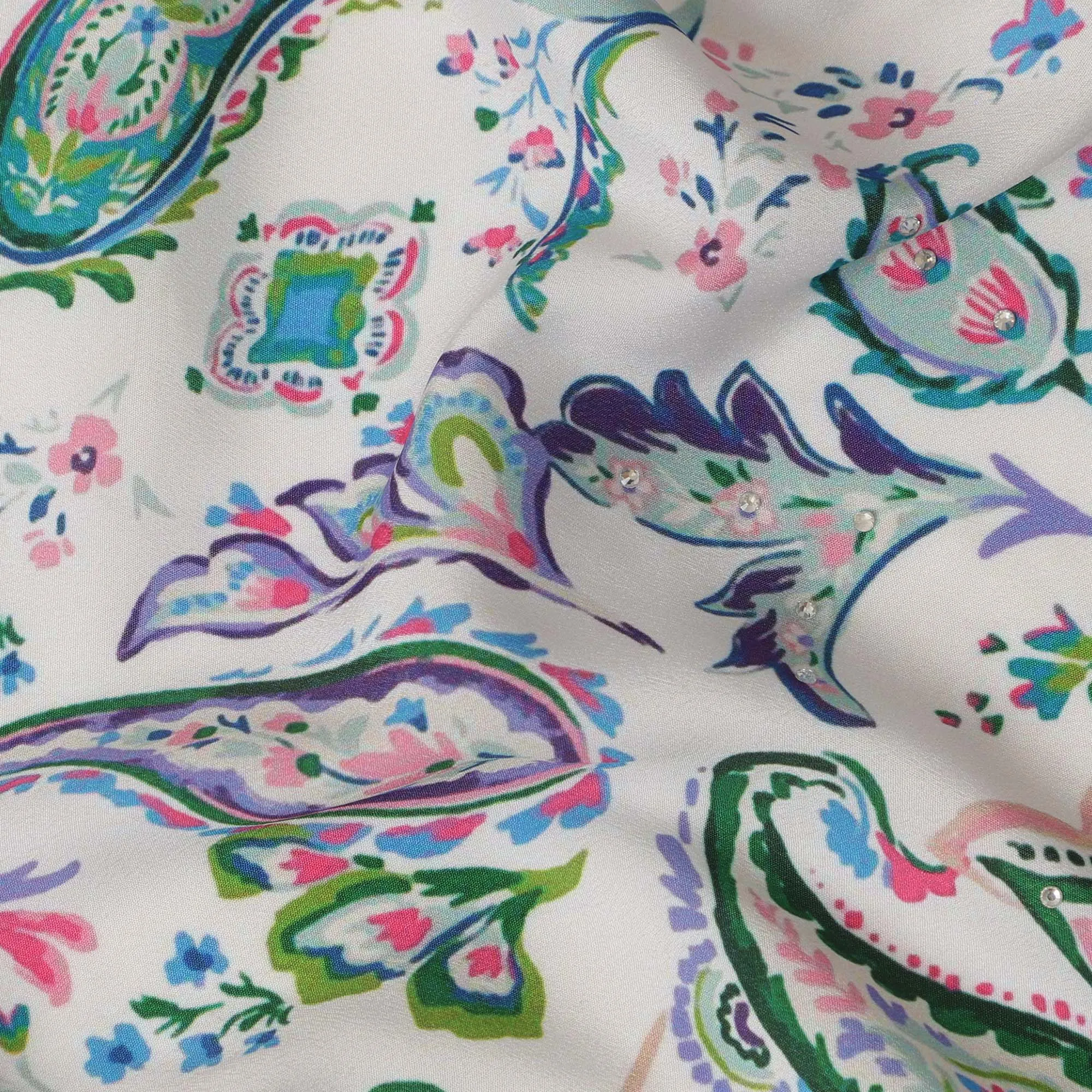 Synthetic Modal Satin Fabric with Stone Work - Vibrant Paisley Design in Green and Pink on White, 110 cm Width-D20654