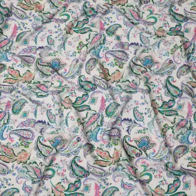 Synthetic Modal Satin Fabric with Stone Work - Vibrant Paisley Design in Green and Pink on White, 110 cm Width-D20654